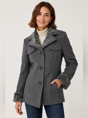 Vintage Esprit Grey Wool Coat With Faux Fur Lining and Collar Size M